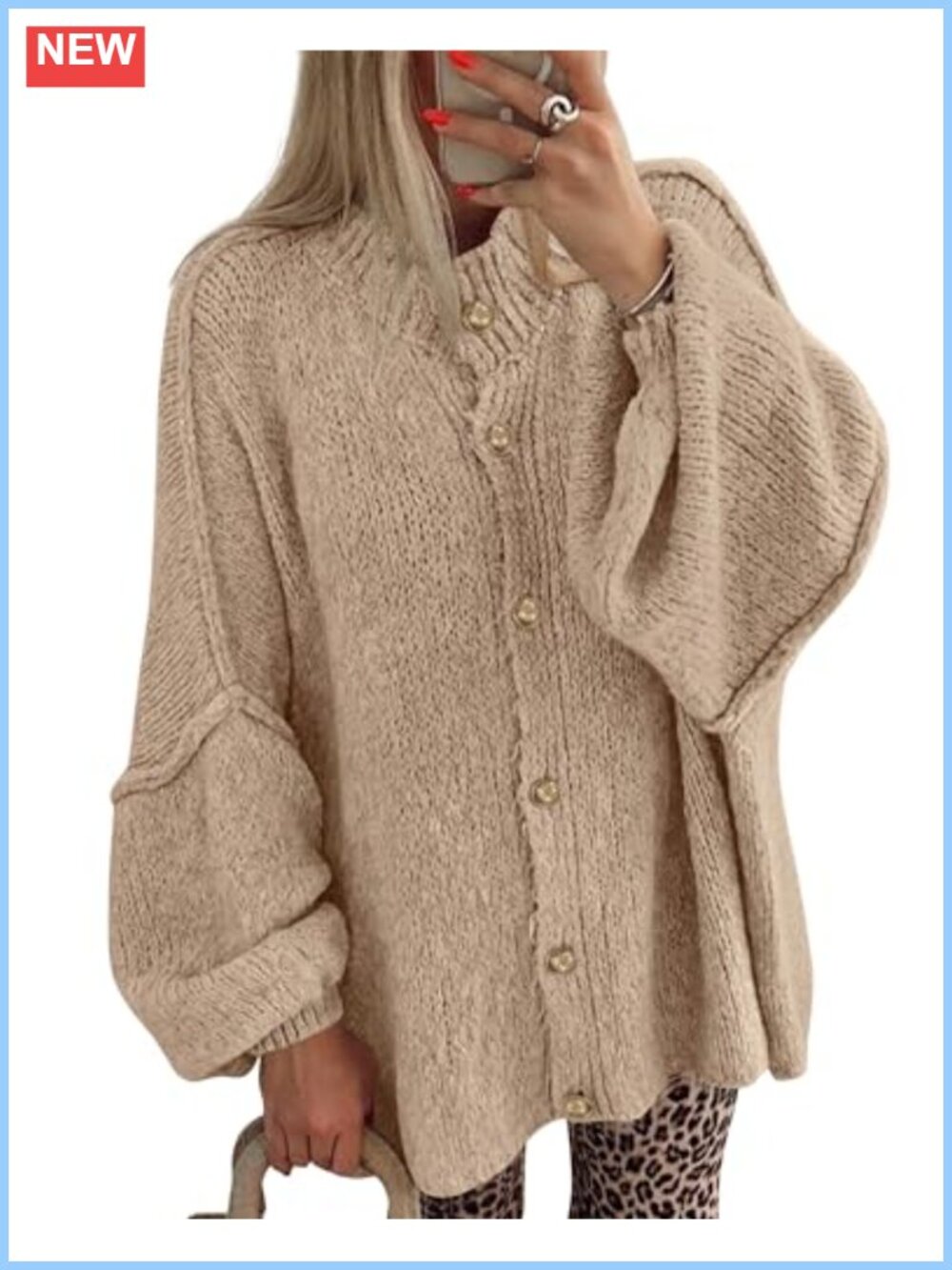 Oversized Button Down Knit Cardigan Lantern Sleeve Casual Fall Layer